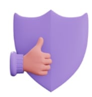 3D icon purple shield with a thumbs up sign in front of it.